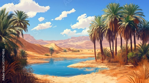 Oasis desert landscape, palm trees, blue water, sunny sky, travel poster