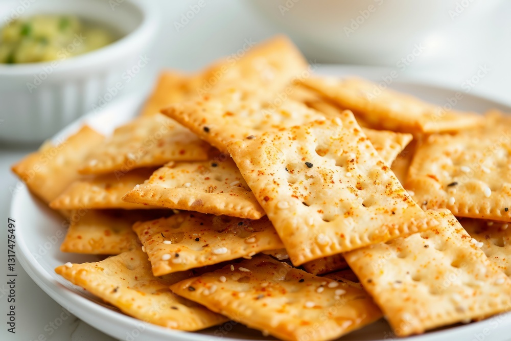 Spicy crackers on plate with salsa and herbs. Neural network AI generated Spicy crackers on plate with salsa and herbs. Neural network AI generated