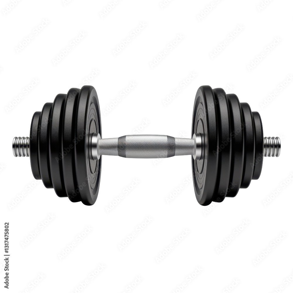 Single dumbbell with multiple black weights attached on each side with threaded ends with a silver handle isolated on transparent background Single dumbbell with multiple black weights attached on each side with threaded ends with a silver handle isolated on transparent background