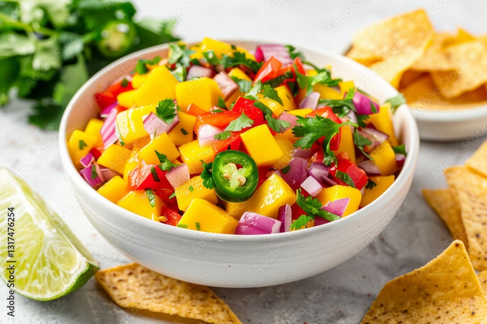Vibrant mango salsa in white bowl with chips. Neural network AI generated Vibrant mango salsa in white bowl with chips. Neural network AI generated