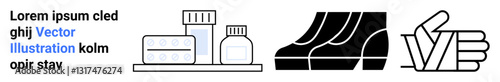 Medicine bottles, blister pack, shoes, and a thumbs-up symbol in black-and-white style. Ideal for healthcare, pharmacy, fashion, e-commerce, wellness approval flat landing page banner