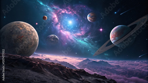 Surreal cosmic landscape with floating planets and vibrant galaxies