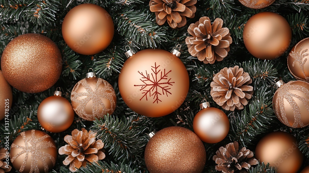 Festive Christmas ornaments and pine cones on fir branches. Festive Christmas ornaments and pine cones on fir branches.