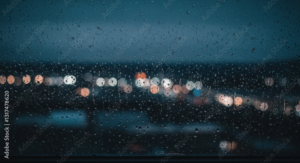 Rain-soaked Window with City Lights Reflection Rain-soaked Window with City Lights Reflection