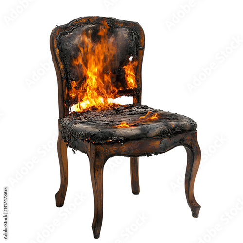 Burnt Up Dining Chair with Fire Burning in the Back Isolated on Transparent Background