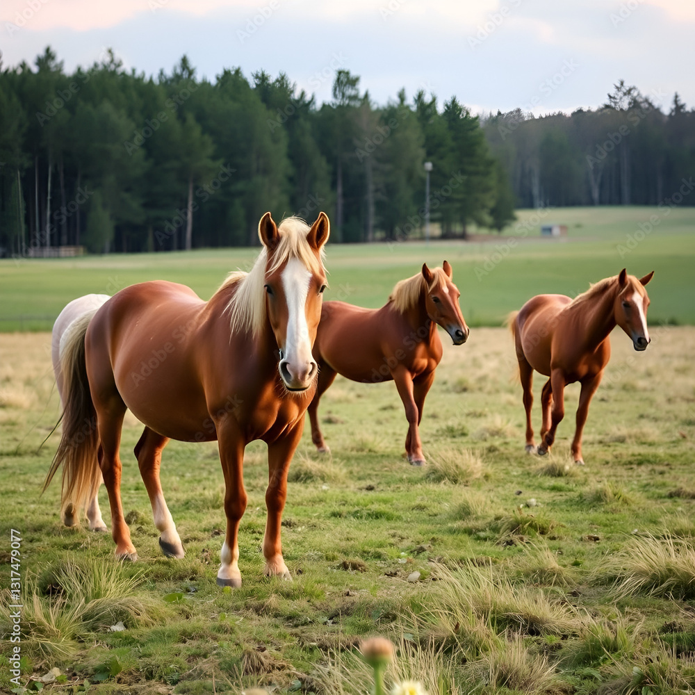 Soft neighs echo across the pasture, a melody of peace Soft neighs echo across the pasture, a melody of peace