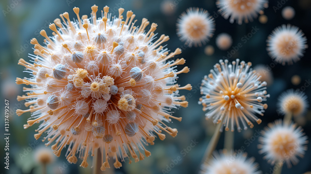 Pollen grains from different plants, 3D illustration. They are factors causing hay fever and allergic rhinitis Pollen grains from different plants, 3D illustration. They are factors causing hay fever and allergic rhinitis