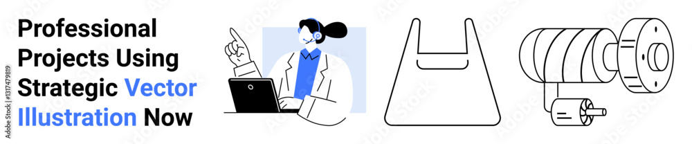 Female engineer pointing at design while using a laptop, blueprint outline, and machinery part sketch. Ideal for engineering, design, technology, innovation, manufacturing, teamwork flat landing Female engineer pointing at design while using a laptop, blueprint outline, and machinery part sketch. Ideal for engineering, design, technology, innovation, manufacturing, teamwork flat landing