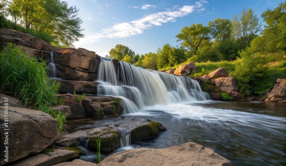 Fototapeta premium Long Exposure Shot of a Flowing Waterfall Under a Clear Blue Sky During Daytime Generative AI