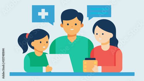 Health Care Costs A vector depicting a family sitting together with a medical bill on the table looking at a chart labeled Health Savings Plan that outlines their healthcare