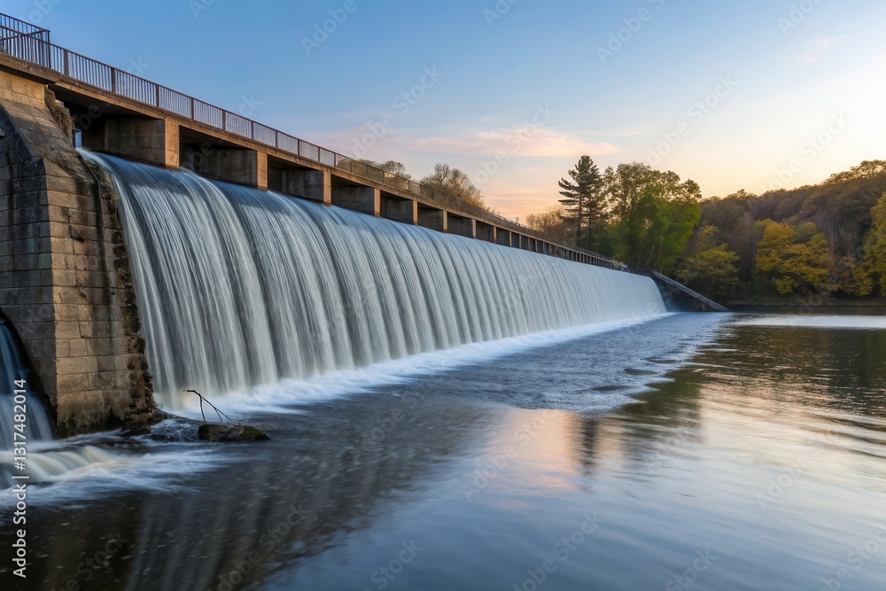 Hydroelectric Dam Showing Water Flow at Sunrise in Serene Natural Surroundings Generative AI Hydroelectric Dam Showing Water Flow at Sunrise in Serene Natural Surroundings Generative AI