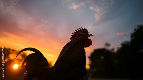 A rooster crowing at sunrise, with a dramatic sky and silhouetted trees.