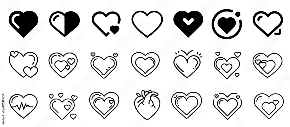 Set of heart icons in various designs for creative projects and digital use with copy space Set of heart icons in various designs for creative projects and digital use with copy space