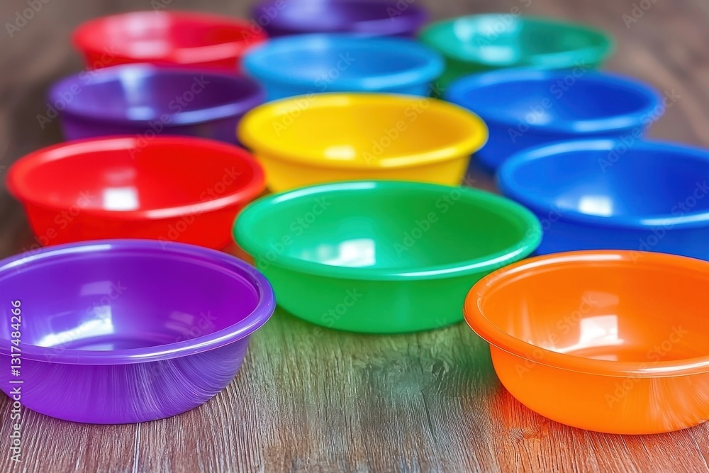 Colorful array. Bowls in bright hues on wood, shallow depth of field Colorful array. Bowls in bright hues on wood, shallow depth of field