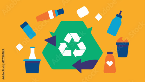 Recycling Symbol with Trash A recycling symbol that is surrounded by piles of unorganized trash and plastics depicting the disconnect between recycling initiatives and actual waste