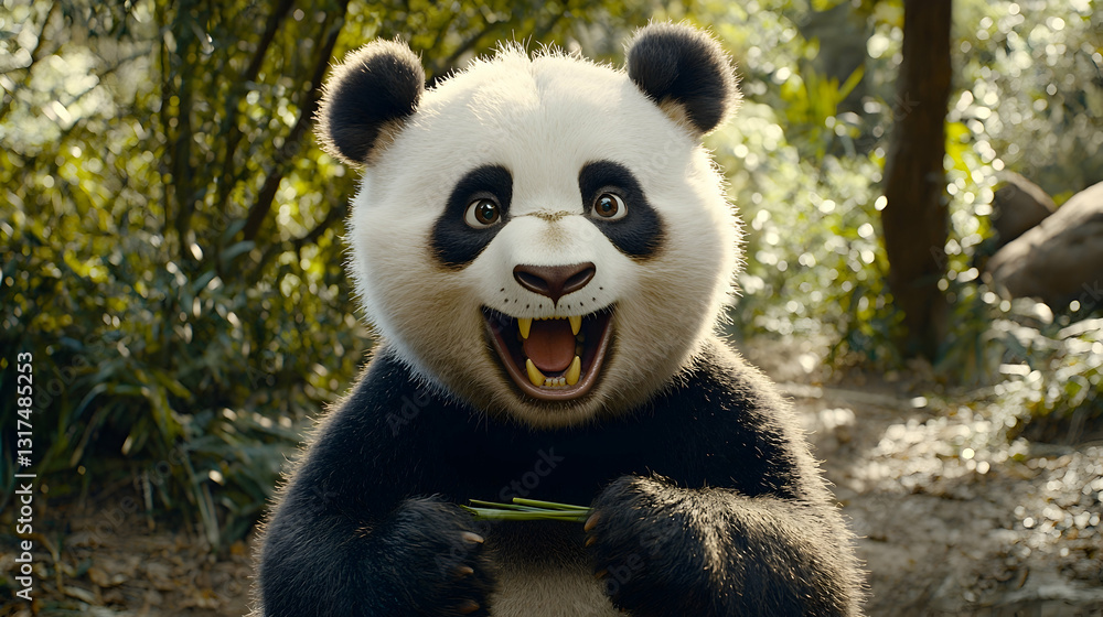 Fototapeta premium Happy panda eating bamboo in lush forest. Ideal for children's books, cards, or nature documentaries