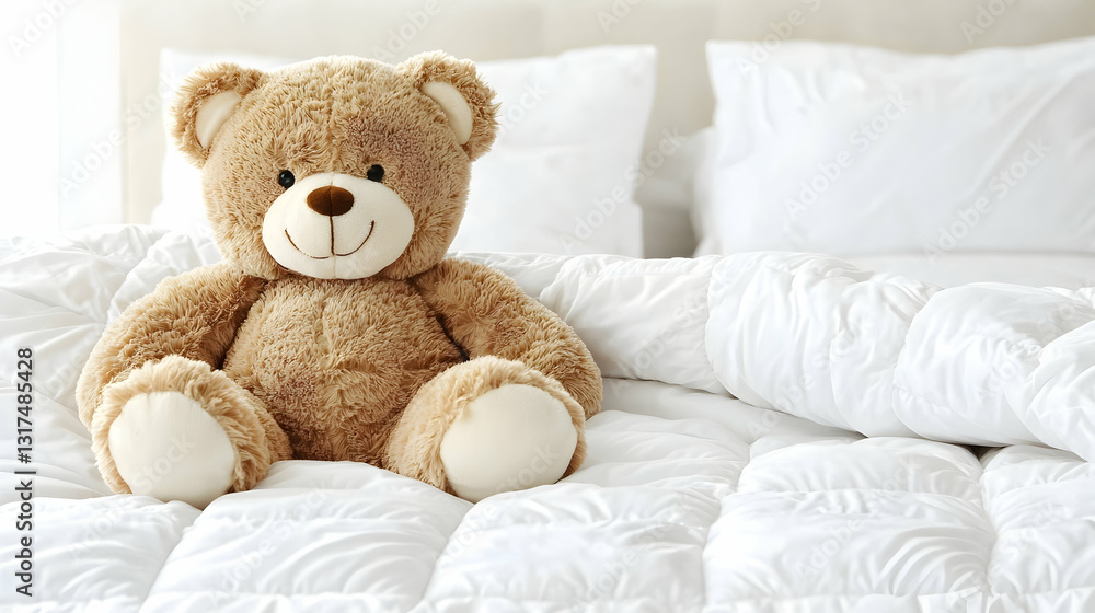 Teddy bear on a bed, bedroom background, cozy atmosphere, perfect for children's websites Teddy bear on a bed, bedroom background, cozy atmosphere, perfect for children's websites