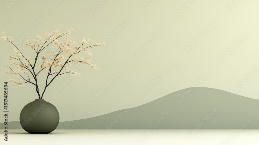 Obraz premium Minimalist Green Vase with Blooming Branch