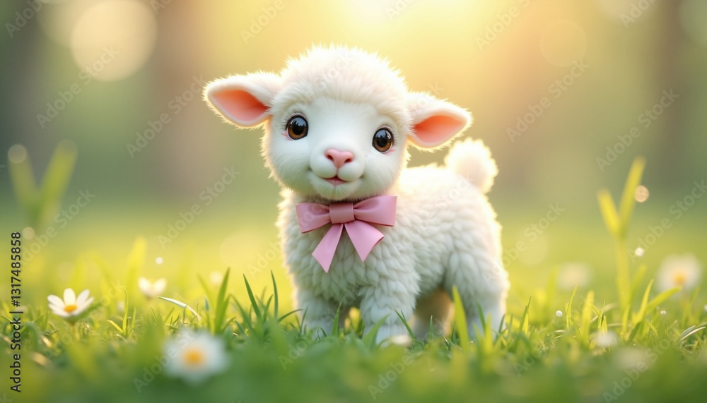 Fototapeta premium Cute lamb smiling on green grass background