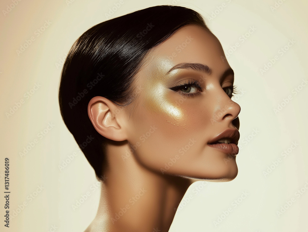 Naklejka premium skincare routine, specifically using a golden mud mask. The focus is on the lower part of the face, with the mask applied to the chin area.