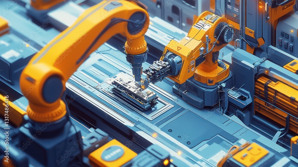 Fototapeta premium Robotic arms assemble electronics on automated factory line