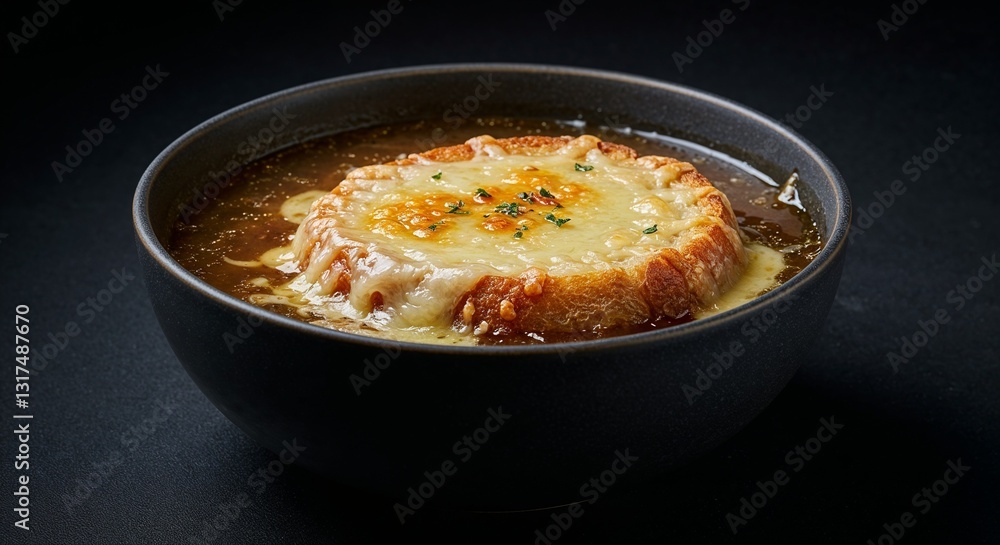 Refined French onion soup with melted cheese for restaurant menus, comfort food blogs, traditional recipe websites, and winter culinary photography Refined French onion soup with melted cheese for restaurant menus, comfort food blogs, traditional recipe websites, and winter culinary photography