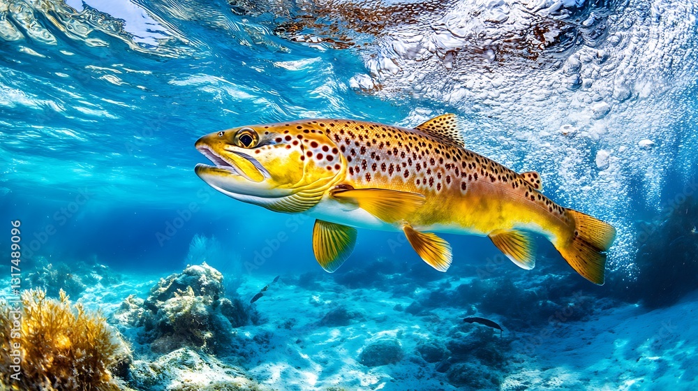 Naklejka premium Underwater shot of a large brown trout swimming.