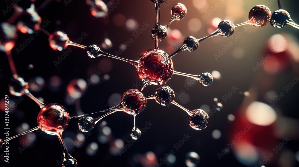 Abstract Molecular Structure with Red and Black Spheres on Dark Background Abstract Molecular Structure with Red and Black Spheres on Dark Background