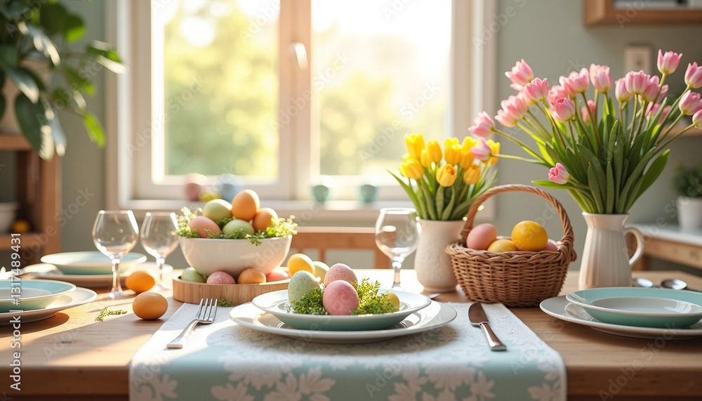 Easter table setting with colorful eggs and fresh flowers Easter table setting with colorful eggs and fresh flowers