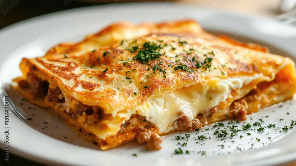 A perfectly plated breakfast featuring crepes, sausage, cheese, and eggs, with a sprinkle of fresh herbs. A perfectly plated breakfast featuring crepes, sausage, cheese, and eggs, with a sprinkle of fresh herbs.