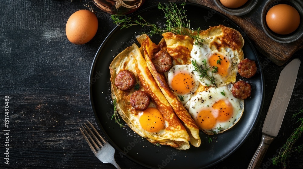 A rustic morning meal featuring crispy crepes, cheddar cheese, sausage, and eggs, served on a sleek black plate. A rustic morning meal featuring crispy crepes, cheddar cheese, sausage, and eggs, served on a sleek black plate.