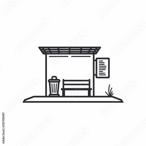 Stylized bus stop icon with seating and trash can, urban convenience