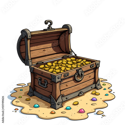 Treasure chest overflowing with coins on sandy beach, adventure