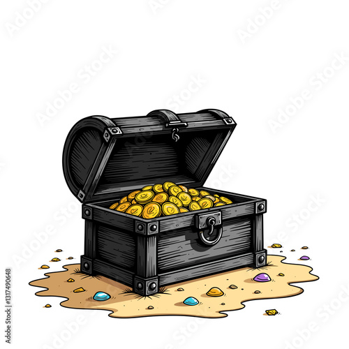 Treasure chest overflowing with gold coins on sandy beach, wealth