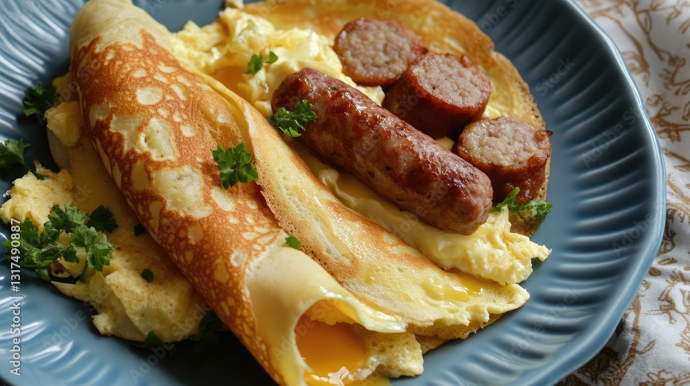 A warm and comforting breakfast plate featuring crepes, sausage, cheese, and perfectly cooked eggs. A warm and comforting breakfast plate featuring crepes, sausage, cheese, and perfectly cooked eggs.