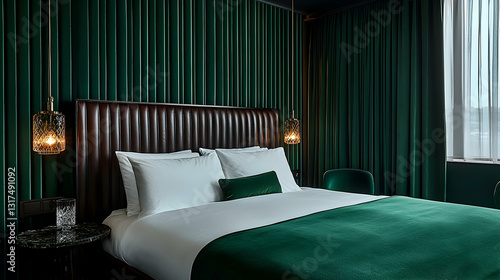 Luxurious hotel room with emerald green velvet curtains, king-size bed, and elegant lighting. Ideal for travel brochures