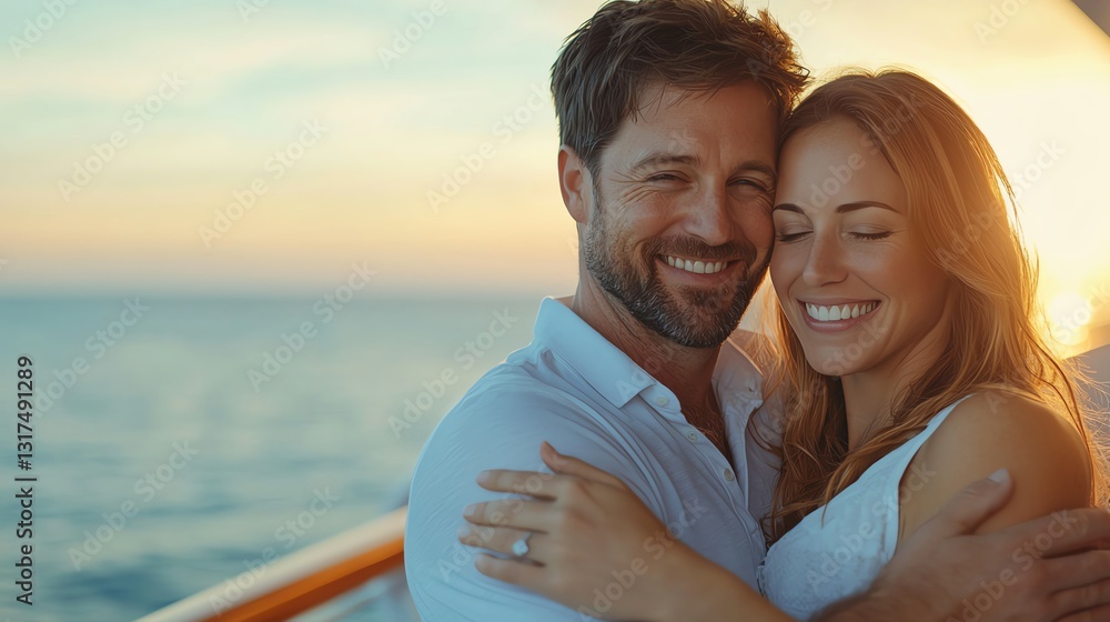 A joyful couple embraces on a seaside cruise at sunset, showcasing love and happiness. The warm glow of the sun enhances their smiles, symbolizing romance and togetherness. A joyful couple embraces on a seaside cruise at sunset, showcasing love and happiness. The warm glow of the sun enhances their smiles, symbolizing romance and togetherness.