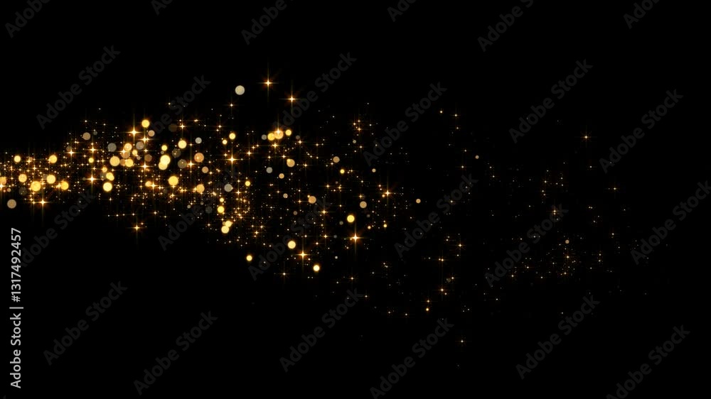 golden stars and bokeh lights sparkle glitters light trail alpha channel loop 4k animation, shiny glowing gold particles on transparent background	