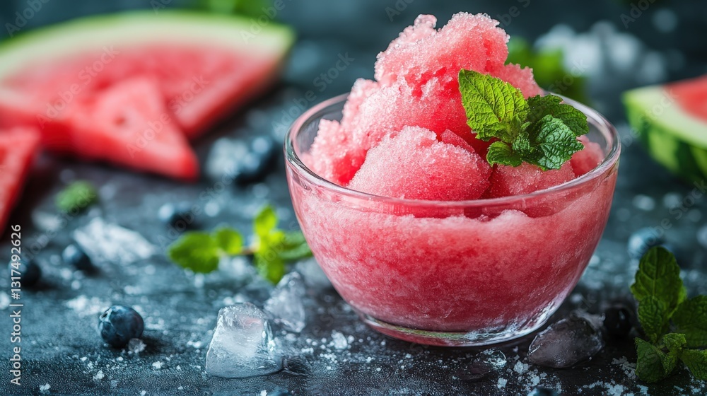 Refreshing watermelon sorbet served in a glass cup garnished with mint leaves Refreshing watermelon sorbet served in a glass cup garnished with mint leaves