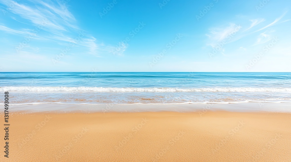 A serene seaside view featuring a soft sandy beach merging into calm blue waters under a bright sky. Ideal for conveying tranquility, relaxation, and coastal beauty. A serene seaside view featuring a soft sandy beach merging into calm blue waters under a bright sky. Ideal for conveying tranquility, relaxation, and coastal beauty.