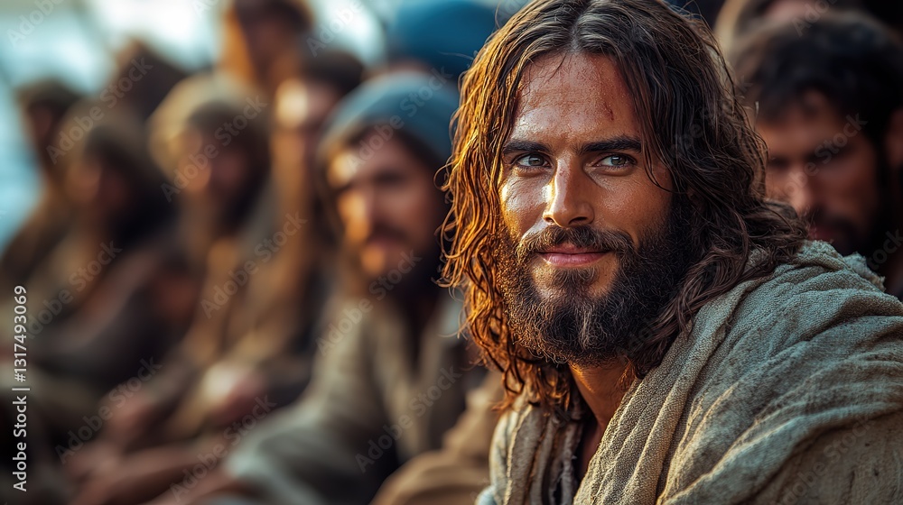 Jesus Christ smiling with people at city street Jesus Christ smiling with people at city street