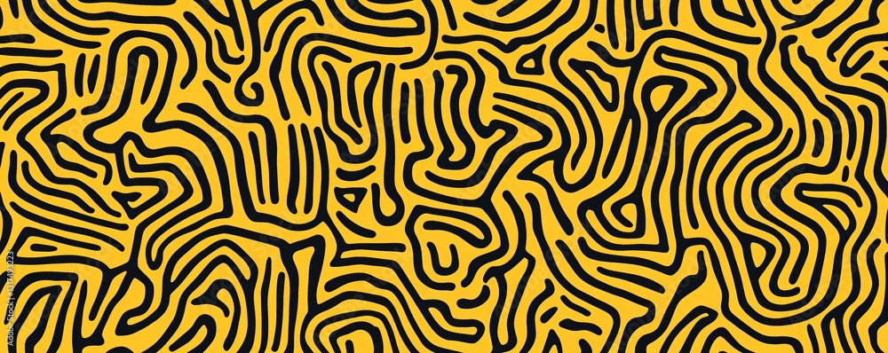 Abstract yellow maze pattern with black hand-drawn doodle lines