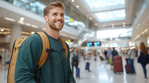 A smiling young man stands in a bustling airport terminal, ready for an adventure