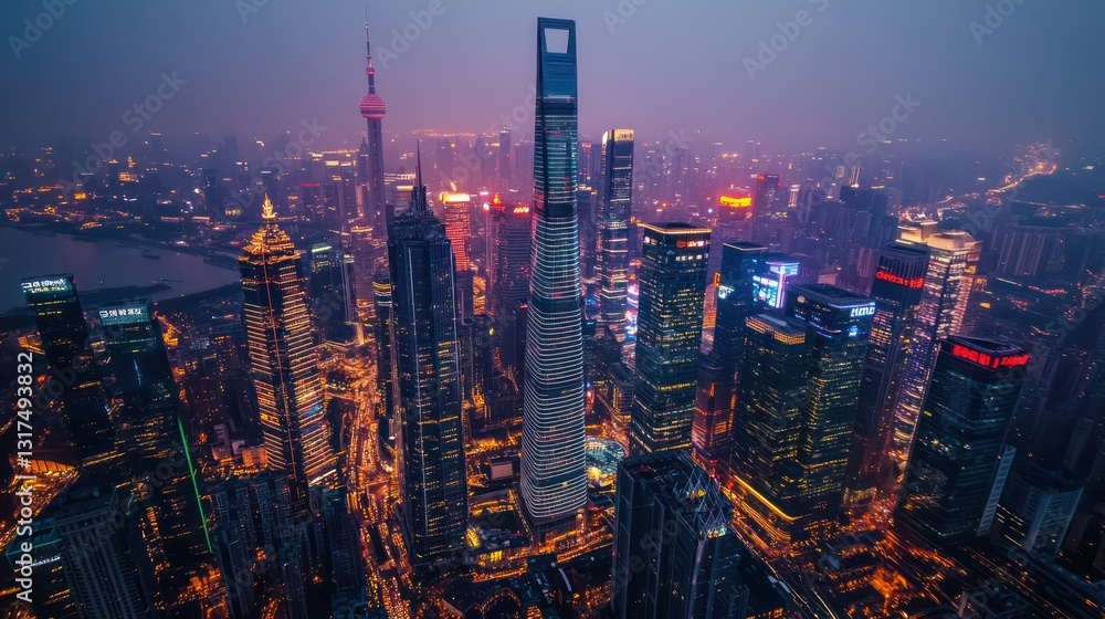 Fototapeta premium Shanghai skyline night view, city buildings, illuminated cityscape, urban landscape, travel photography