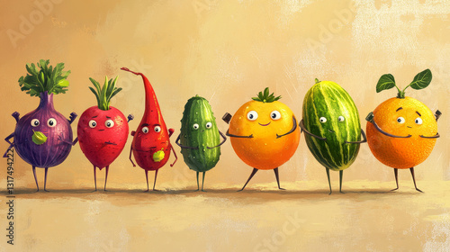 Superhero fruits vector fruity cartoon character of super hero expression vegetables with funny apple banana or pepper in mask illustration. Fruitful vegetarian diet background