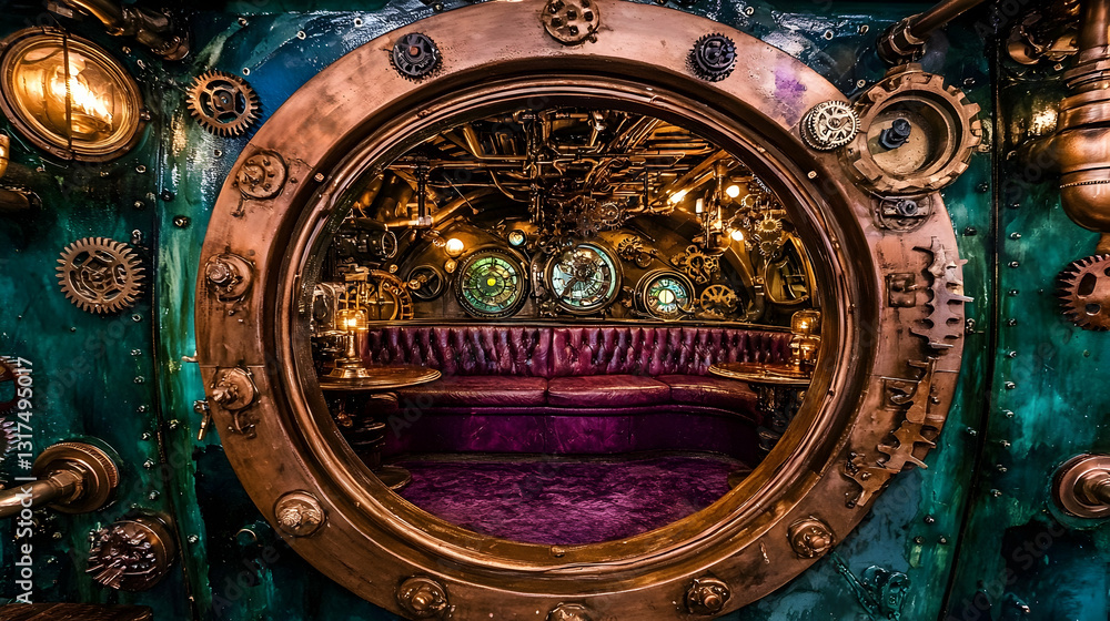 Fototapeta premium Steampunk-style bar interior, cozy seating, intricate machinery background, perfect for pubs, restaurants, or fantasy settings