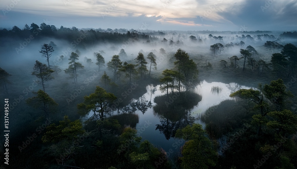 Fototapeta premium Un pantano brumoso exuda un ambiente místico con sus aguas ocultas, árboles cubiertos de niebla y un aura cautivadora de encanto y misterio, 4k