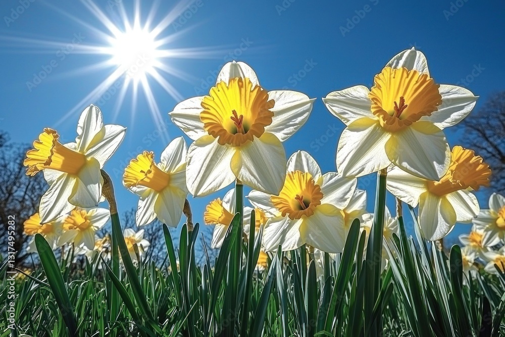 Fototapeta premium Daffodils bloom under the bright sun against a clear blue sky. Vibrant, fresh view