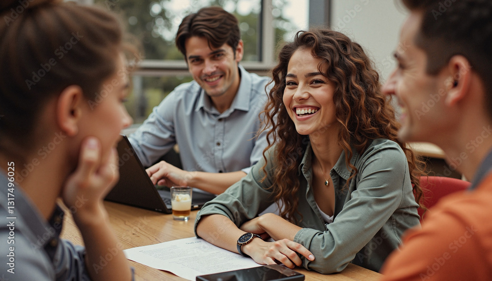Smiling woman with friends engaged in conversation at table Smiling woman with friends engaged in conversation at table
