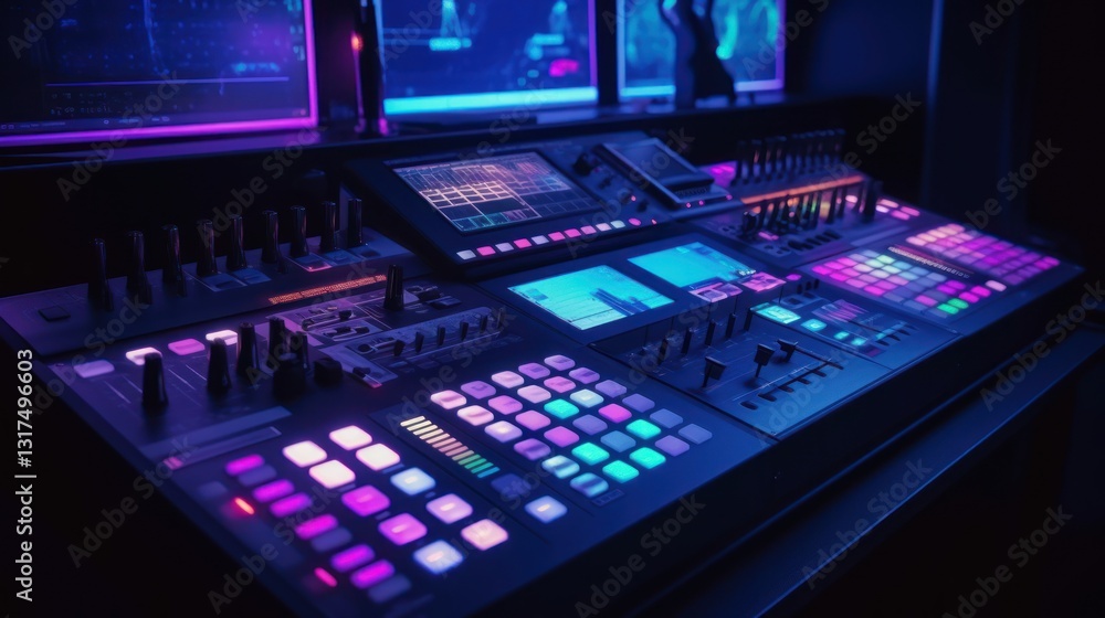 Neon-lit Music Production Studio Console Neon-lit Music Production Studio Console